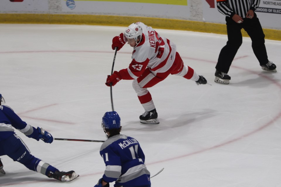 Soo Greyhounds forward Rory Kerins takes a shot in a game between the Greyhounds and Sudbury Wolves at the GFL Memorial Gardens on Oct. 20, 2021.