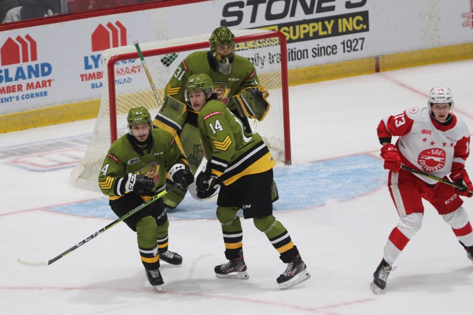 Action between the Soo Greyhounds and North Bay Battalion at the GFL Memorial Gardens on Oct. 22, 2021.