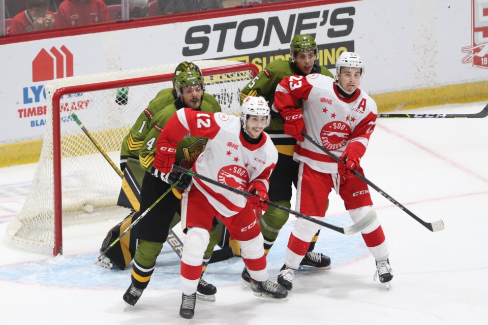 OHL action between the Soo Greyhounds and North Bay Battalion at the GFL Memorial Gardens on Oct. 23, 2021.