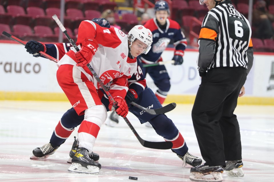 OHL action at the GFL Memorial Gardens between the Soo Greyhounds and Saginaw Spirit on Nov. 3, 2021.