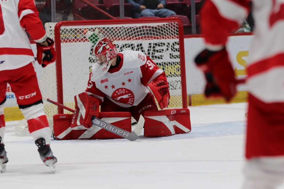 Soo Greyhounds goaltender Samuel Ivanov is beat for a goal in a game against the Erie Otters on Nov. 21, 2021.