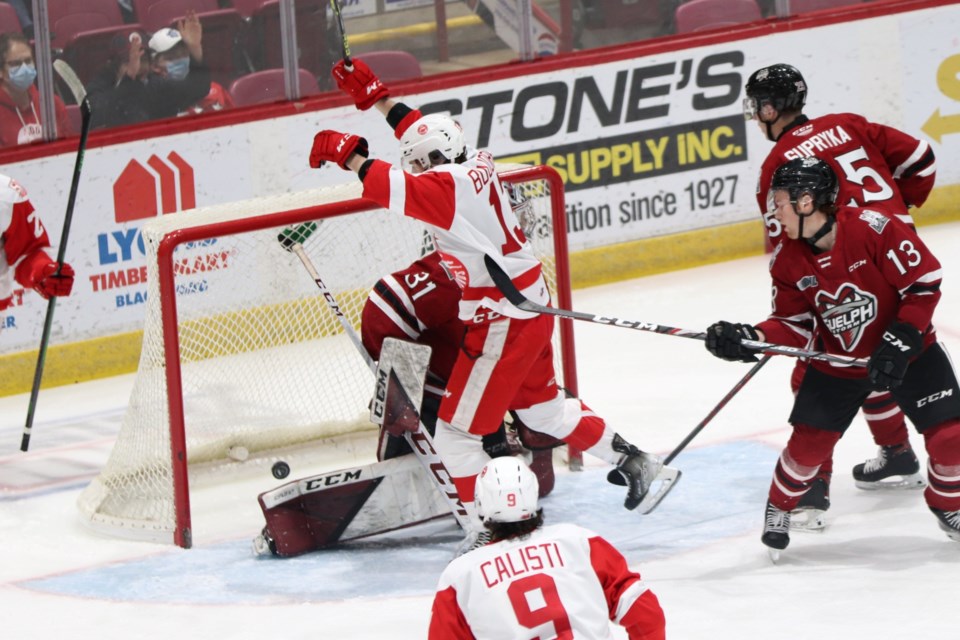Marc Boudreau of the Soo Greyhounds celebrates a goal against the Guelph Storm on Dec. 3, 2021.