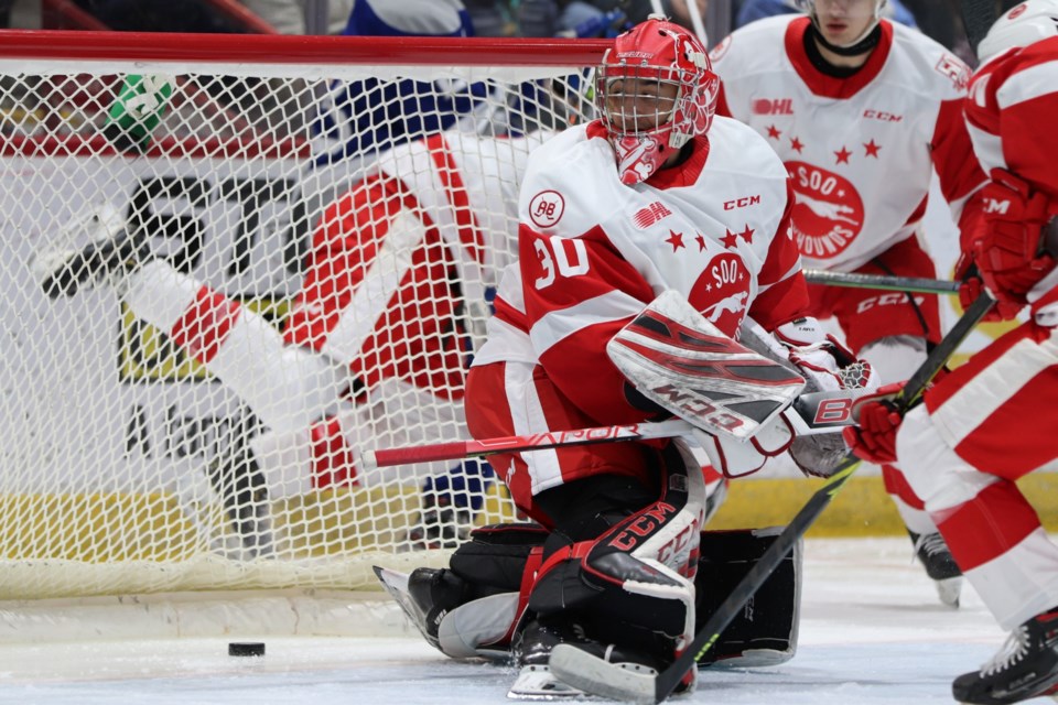 Soo Greyhounds goaltender Tucker Tynan surrenders a goal against the Sudbury Wolves on Dec. 29, 2021.