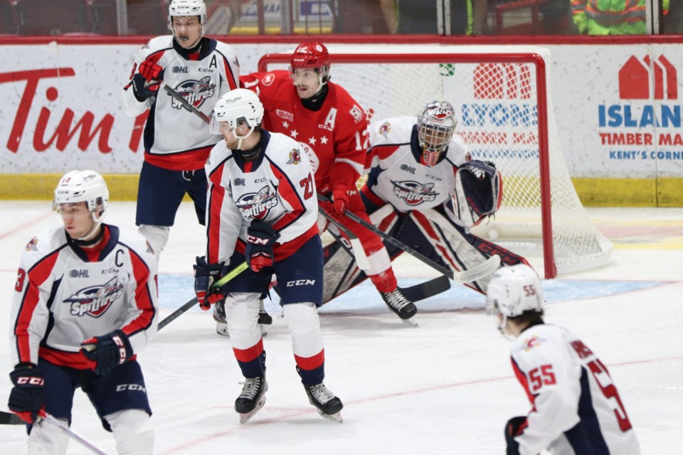 Windsor Spitfires goaltender Xavier Medina looks through traffic against the Soo Greyhounds at the GFL Memorial Gardens on Jan. 9, 2022.