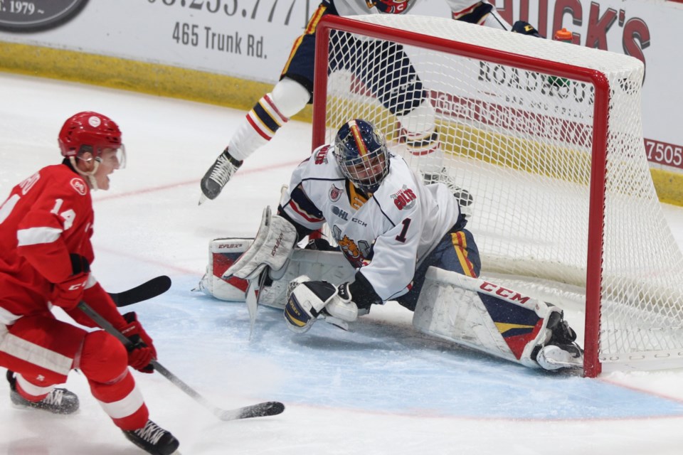 Barrie Colts goaltender slides cross crease in a game against the Soo Greyhounds at the GFL Memorial Gardens on Jan. 29, 2022.