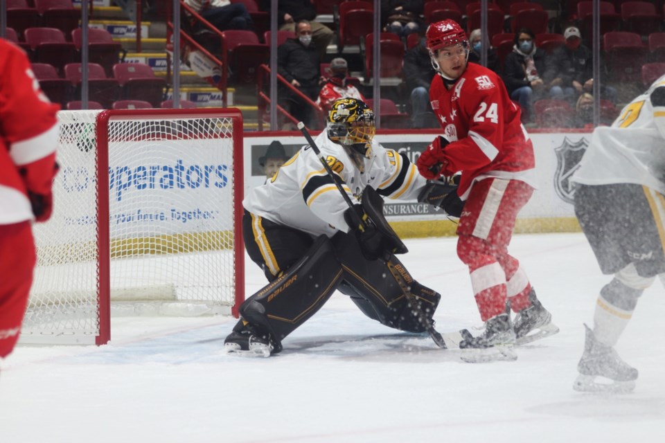 OHL action between the Soo Greyhounds and Sarnia Sting at the GFL Memorial Gardens on Feb. 11, 2022.