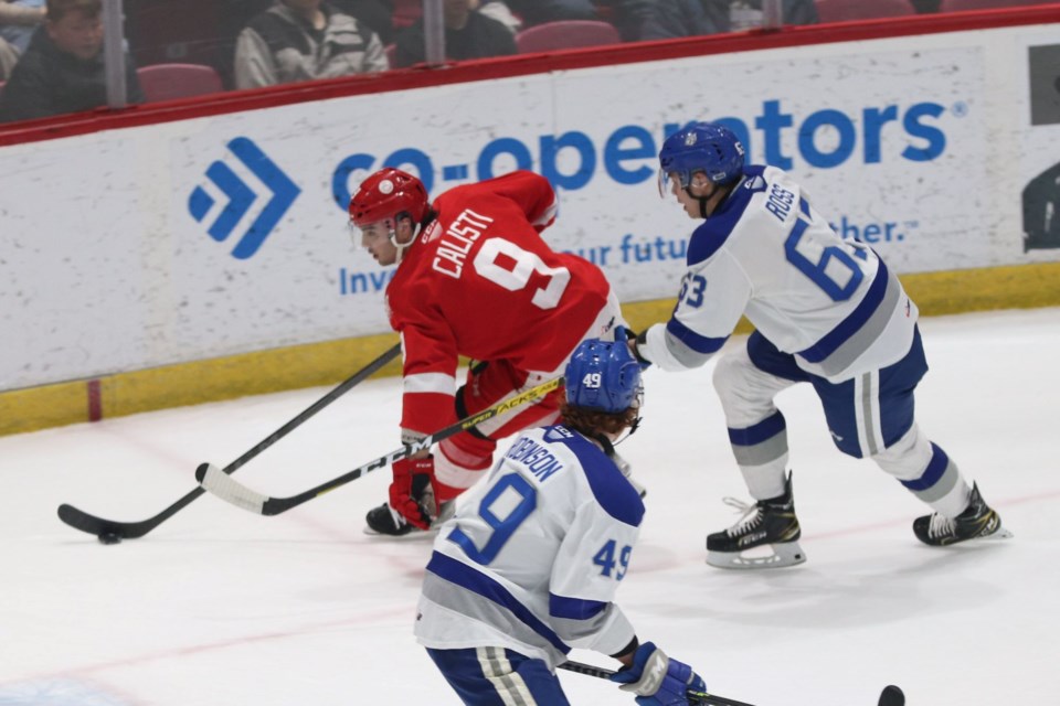 OHL action between the Soo Greyhounds and Sudbury Wolves at the GFL Memorial Gardens on April 9, 2022.