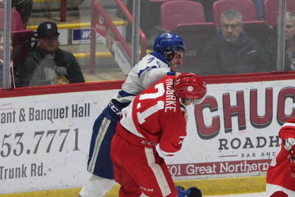 OHL action between the Soo Greyhounds and Sudbury Wolves at the GFL Memorial Gardens on April 13, 2022.