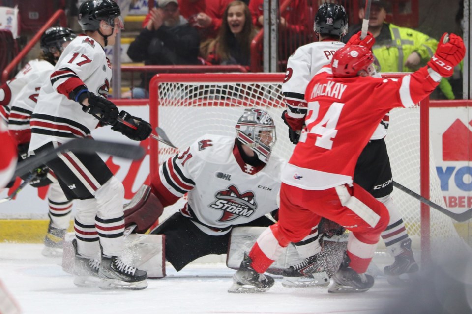 Cole MacKay of the Soo Greyhounds celebrates a goal against the Guelph Storm in a game at the GFL Memorial Gardens Thursday.