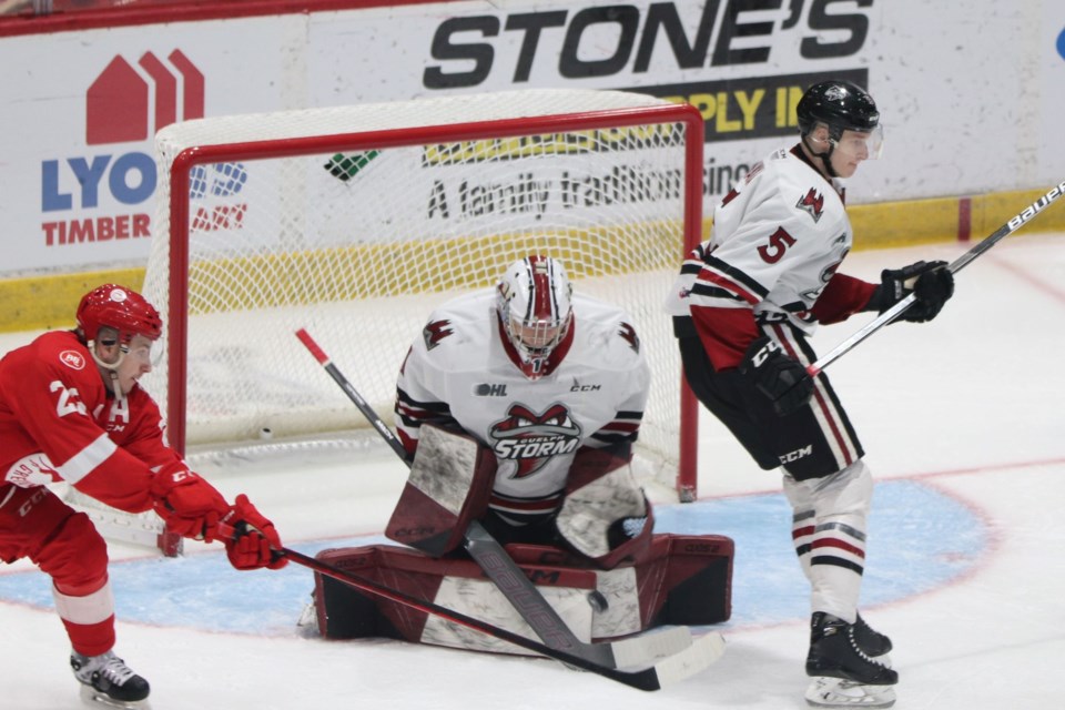 OHL playoff action between the Soo Greyhounds and the Guelph Storm at the GFL Memorial Gardens on April 23, 2022.
