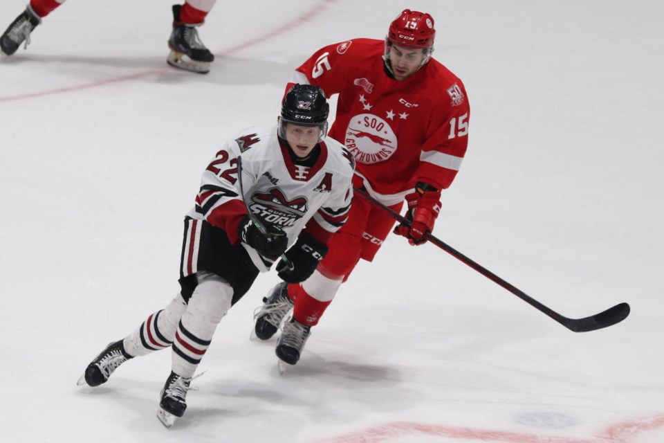 OHL playoff action between the Soo Greyhounds and Guelph Storm at the GFL Memorial Gardens on April 30, 2022.