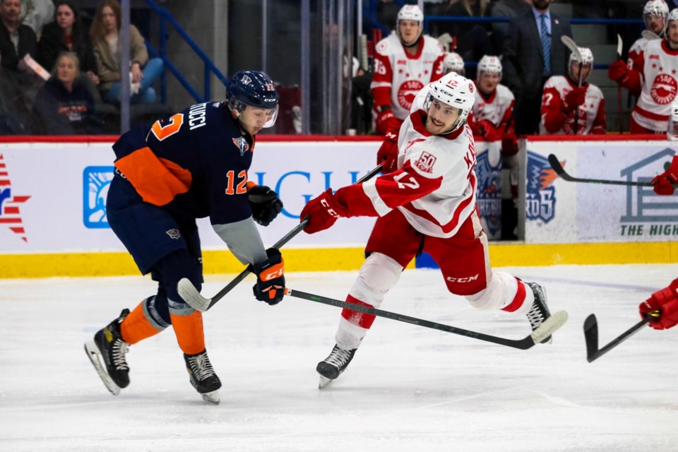 Flint Firebirds defenceman Tristan Bertucci tries to block a shot by Soo Greyhounds forward Tye Kartye in a game at the Dort Financial Center on May 6, 2022.