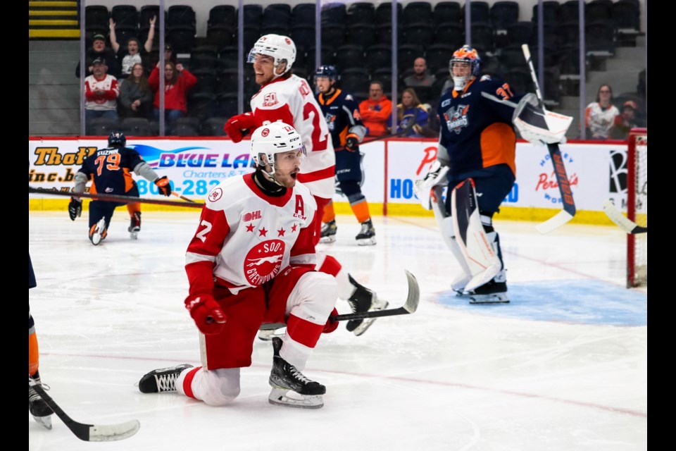 Tye Kartye of the Soo Greyhounds celebrates a goal during game two of the Western Conference semifinal series against the Flint Firebirds at the Dort Financial Center on May 8, 2022.