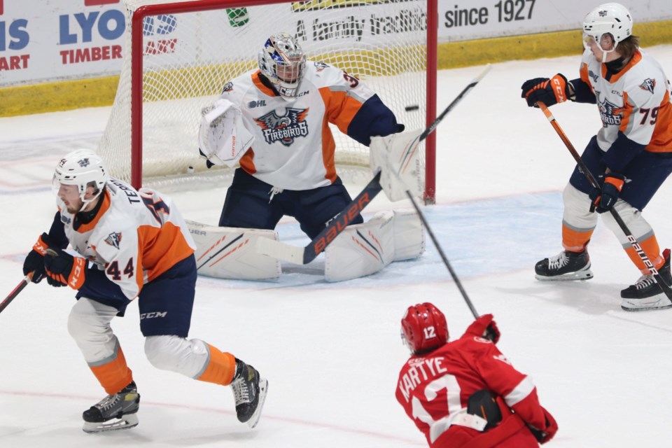 OHL playoff action between the Soo Greyhounds and Flint Firebirds at the GFL Memorial Gardens on May 12, 2022.