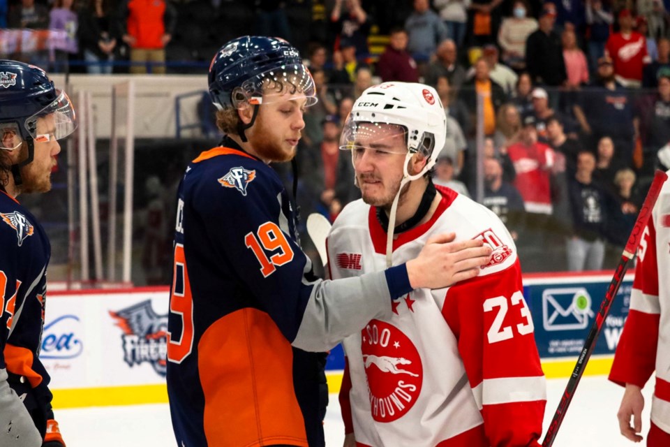 An emotional Rory Kerins following the Soo Greyhounds game 5 loss against Flint Firebirds at the Dort Financial Center in Flint on May 14, 2022.