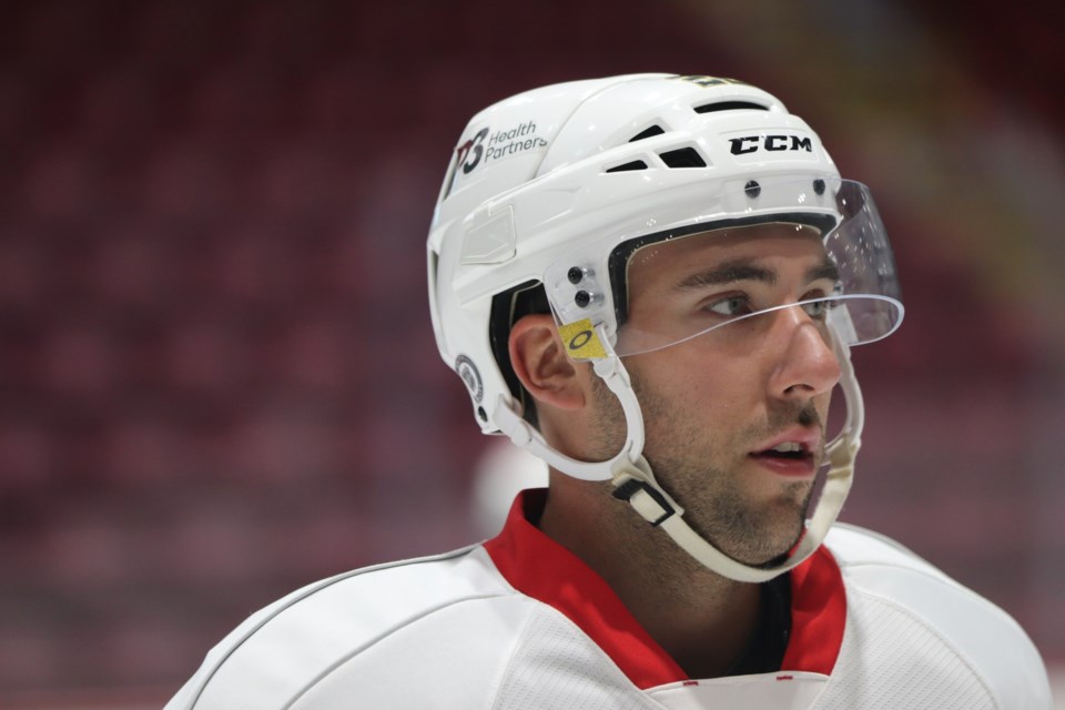 Vegas Golden Knights forward Mike Amadio on the ice with Soo Greyhounds hopefuls during training camp on Sept. 1, 2022.