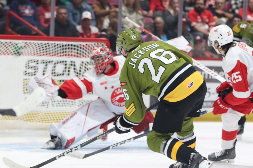 OHL action between the Soo Greyhounds and North Bay Battalion at the GFL Memorial Gardens on Oct. 1, 2022.