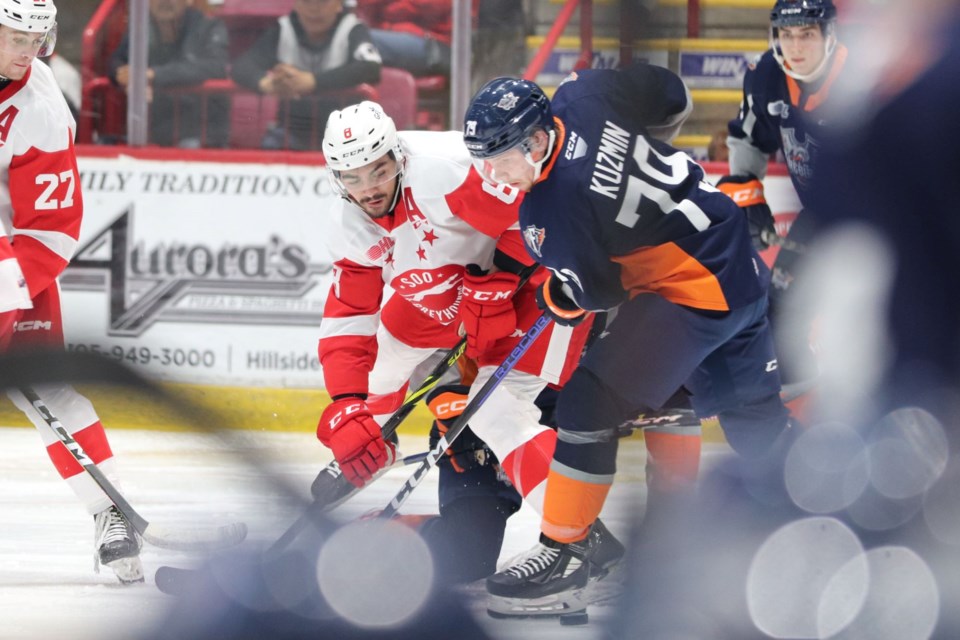OHL action between the Soo Greyhounds and Flint Firebirds at the GFL Memorial Gardens on Oct. 5, 2022.