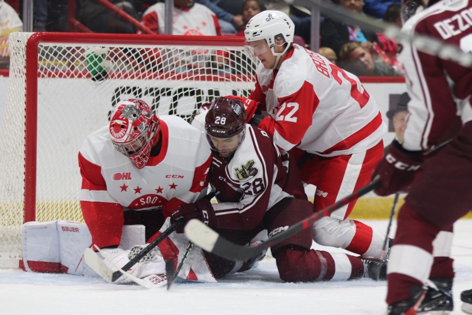 OHL action between the Soo Greyhounds and Peterborough Petes at the GFL Memorial Gardens on Oct. 14, 2022.