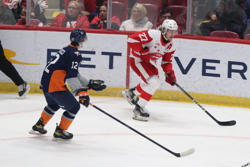 OHL action between the Soo Greyhounds and Flint Firebirds at the GFL Memorial Gardens on Nov. 16, 2022.