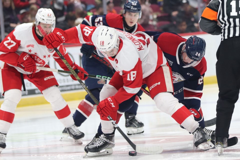 OHL action between the Soo Greyhounds and Saginaw Spirit at the GFL Memorial Gardens on Dec. 2, 2022.