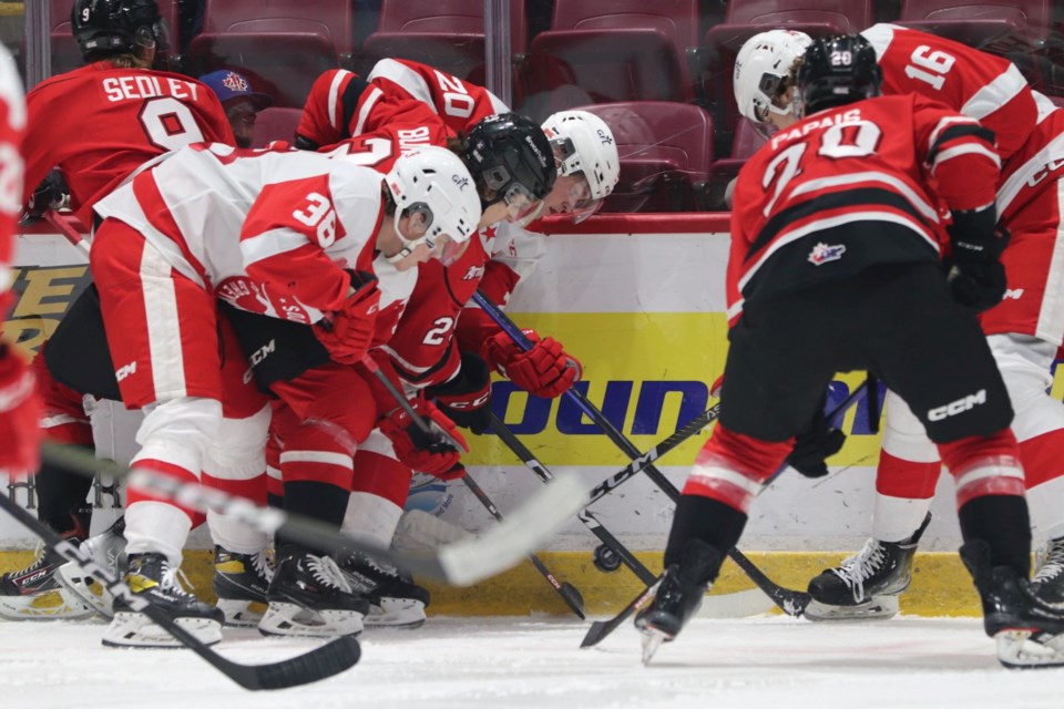 OHL action between the Soo Greyhounds and Owen Sound Attack at the GFL Memorial Gardens on Dec. 4, 2022.