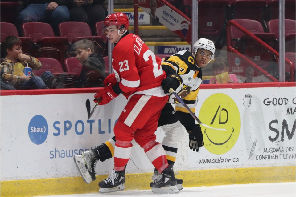 OHL action between the Soo Greyhounds and Hamilton Bulldogs at the GFL Memorial Gardens on Jan. 21, 2023.