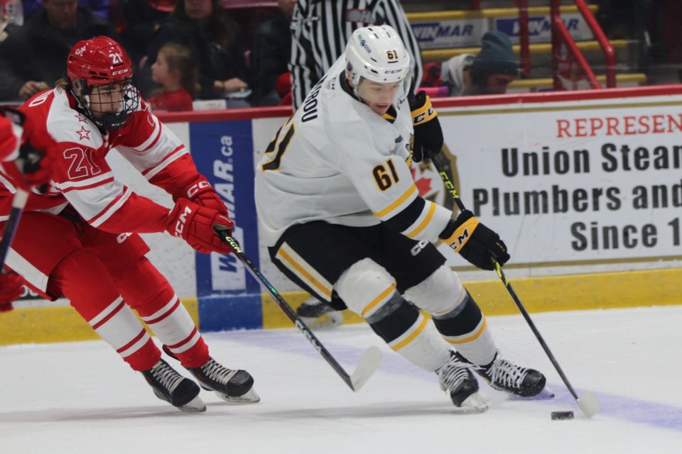 OHL action between the Soo Greyhounds and Sarnia Sting at the GFL Memorial Gardens on Jan. 27, 2023.