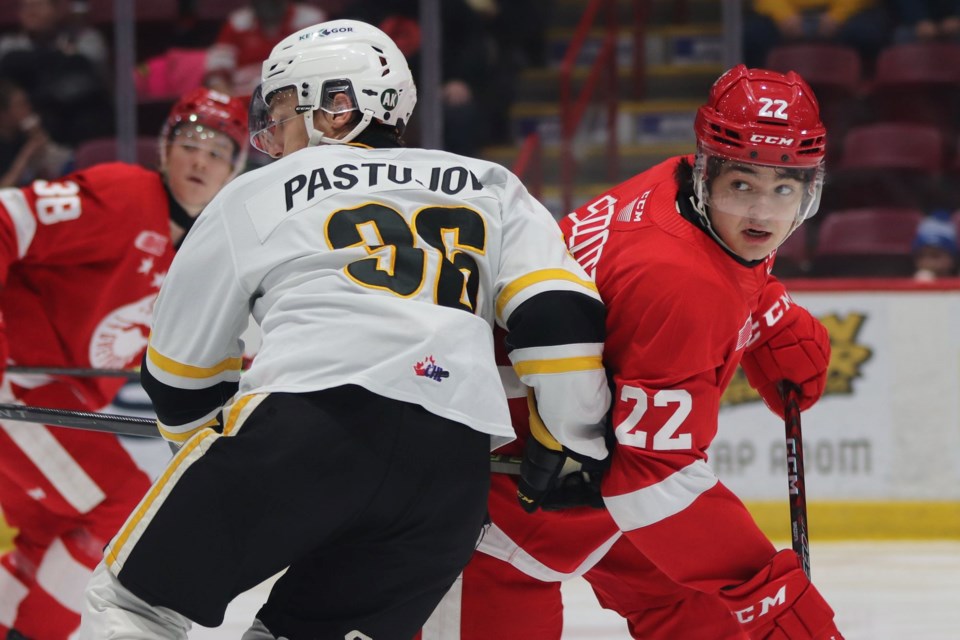 OHL action between the Soo Greyhounds and Sarnia Sting at the GFL Memorial Gardens on March 1, 2023.