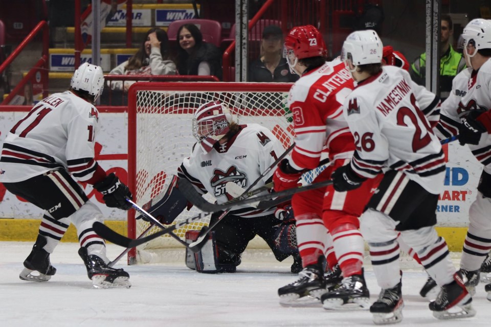 OHL action between the Soo Greyhounds and Guelph Storm at the GFL Memorial Gardens on March 3, 2023.