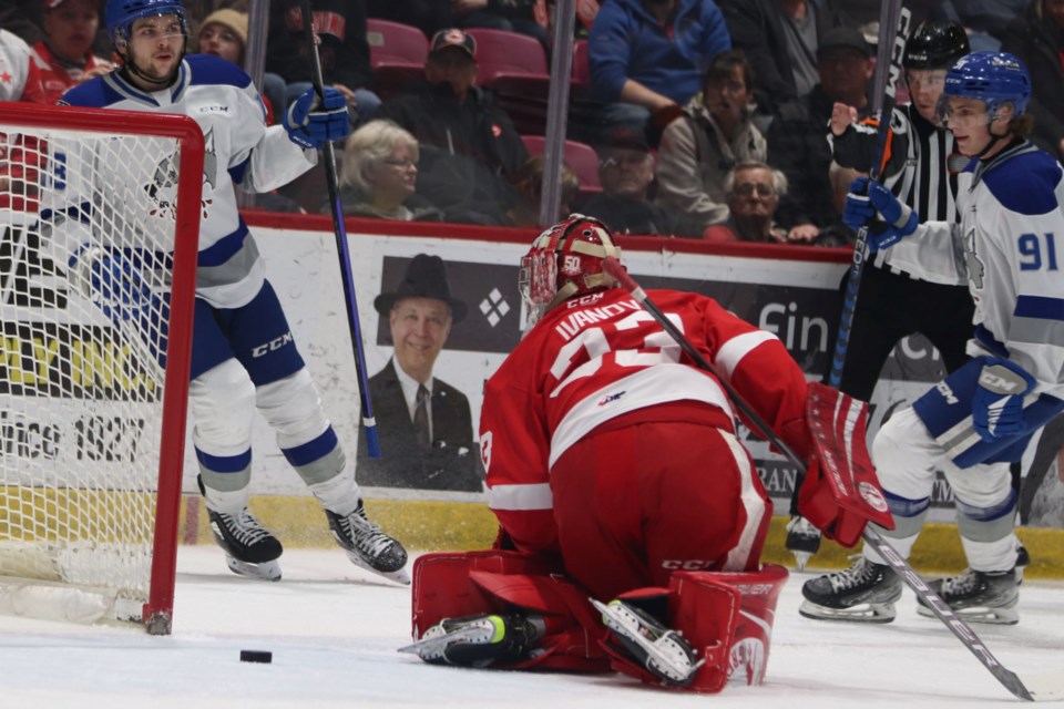OHL action between the Soo Greyhounds and Sudbury Wolves at the GFL Memorial Gardens on March 8, 2023.
