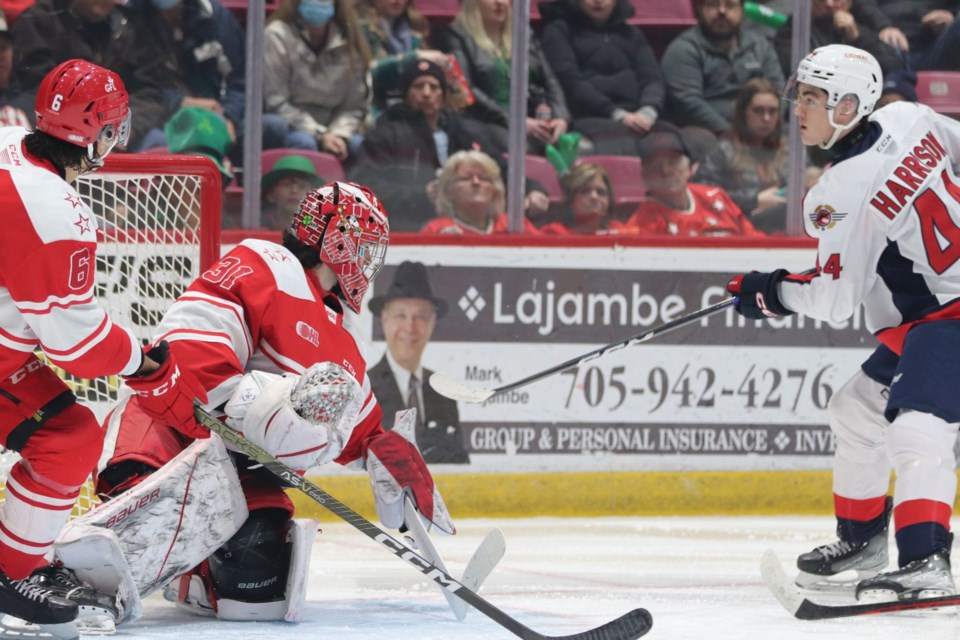OHL action between the Soo Greyhounds and Windsor Spitfires at the GFL Memorial Gardens on March 17, 2023.