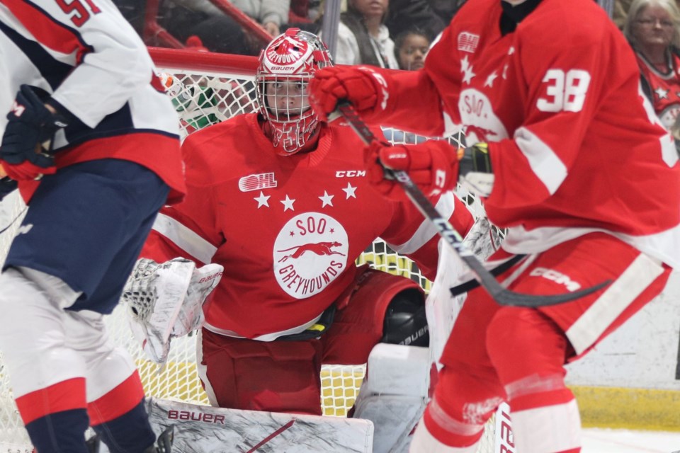 OHL action between the Soo Greyhounds and Windsor Spitfires at the GFL Memorial Gardens on March 18, 2023.