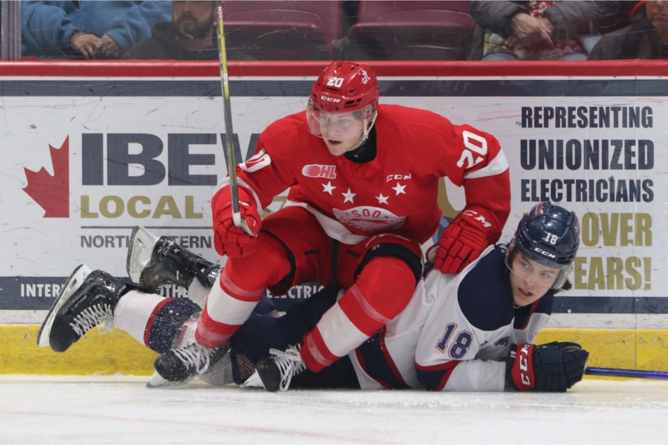 OHL action between the Soo Greyhounds and Saginaw Spirit at the GFL Memorial Gardens on March 24, 2023.