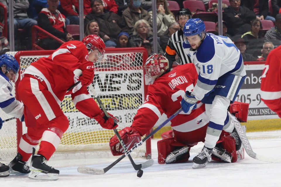 OHL action between the Soo Greyhounds and Sudbury Wolves at the GFL Memorial Gardens on March 26, 2023.