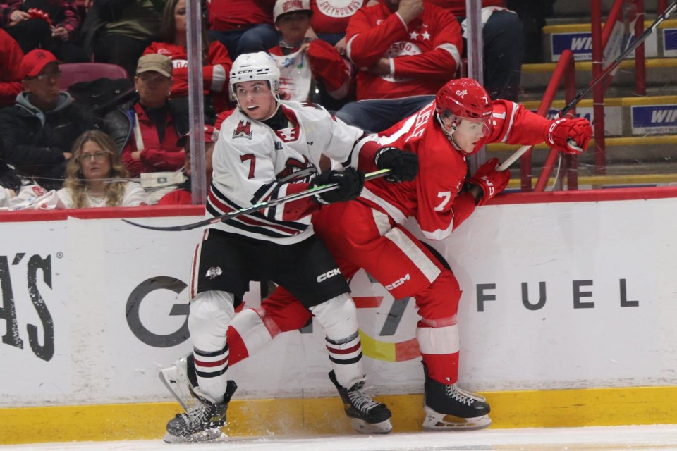 OHL playoff action between the Soo Greyhounds and Guelph Storm on March 28, 2024 at the GFL Memorial Gardens.