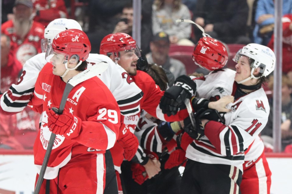 OHL playoff action between the Soo Greyhounds and Guelph Storm at the GFL Memorial Gardens on March 30, 2024.