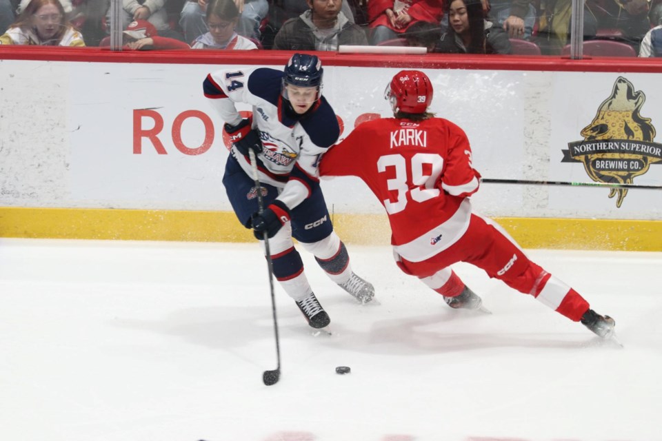 Action during game three between the Soo Greyhounds and Saginaw Spirit at the GFL Memorial Gardens on April 15, 2024.