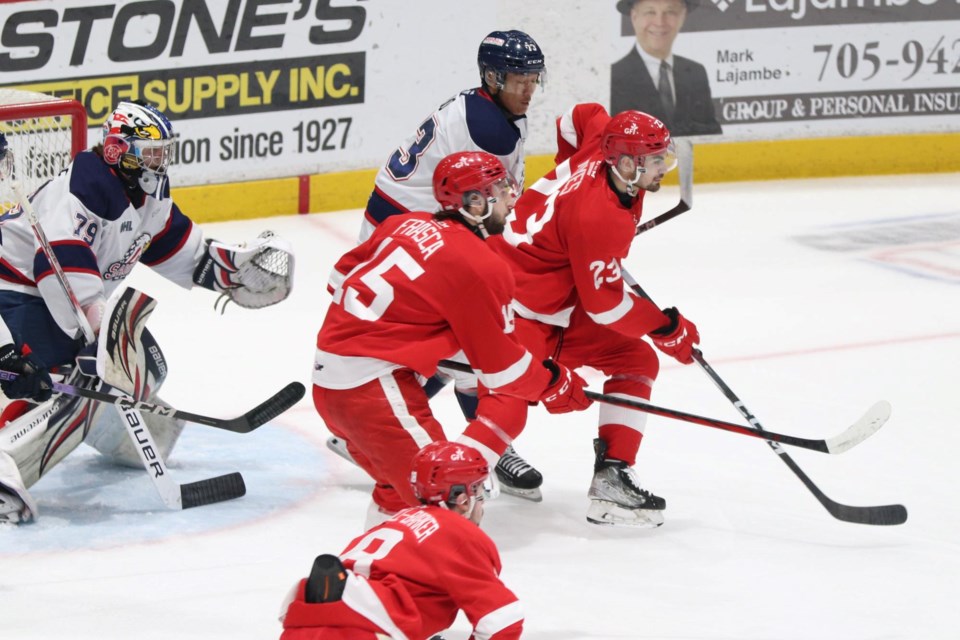 Game 4 action between the Soo Greyhounds and Saginaw Spirit at the GFL Memorial Gardens on April 17, 2024.