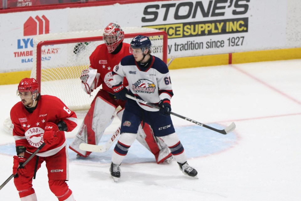 OHL playoff action between the Soo Greyhounds and Saginaw Spirit at the GFL Memorial Gardens on April 21, 2024.
