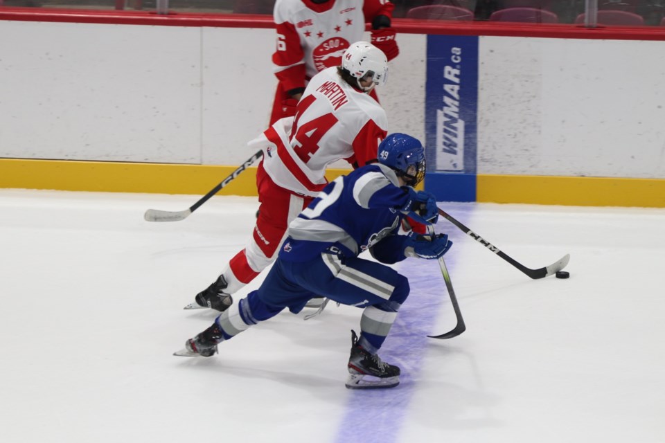 OHL exhibition action between the Soo Greyhounds and Sudbury Wolves at the GFL Memorial Gardens on Sept. 3, 2023.