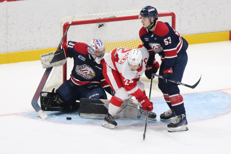 OHL exhibition action between the Soo Greyhounds and Saginaw Spirit at the GFL Memorial Gardens on Sept. 22, 2023.