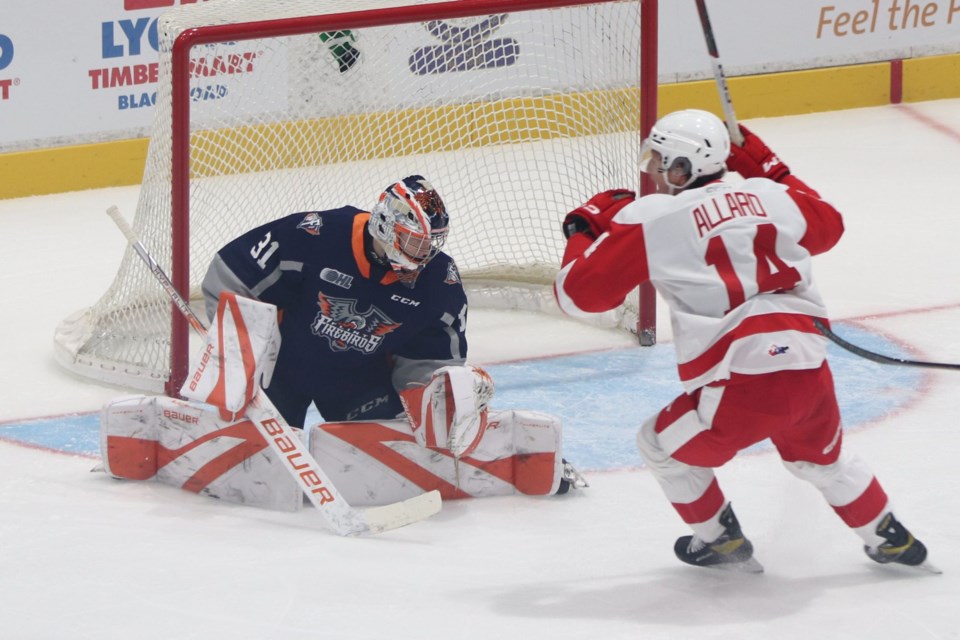 OHL action between the Soo Greyhounds and Flint Firebirds at the GFL Memorial Gardens on Sept. 29, 2023.
