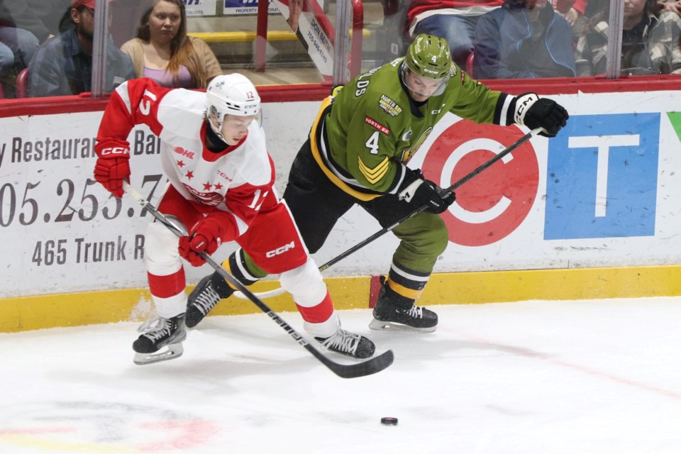 OHL action between the Soo Greyhounds and the North Bay Battalion at the GFL Memorial Gardens on Nov. 17, 2023.