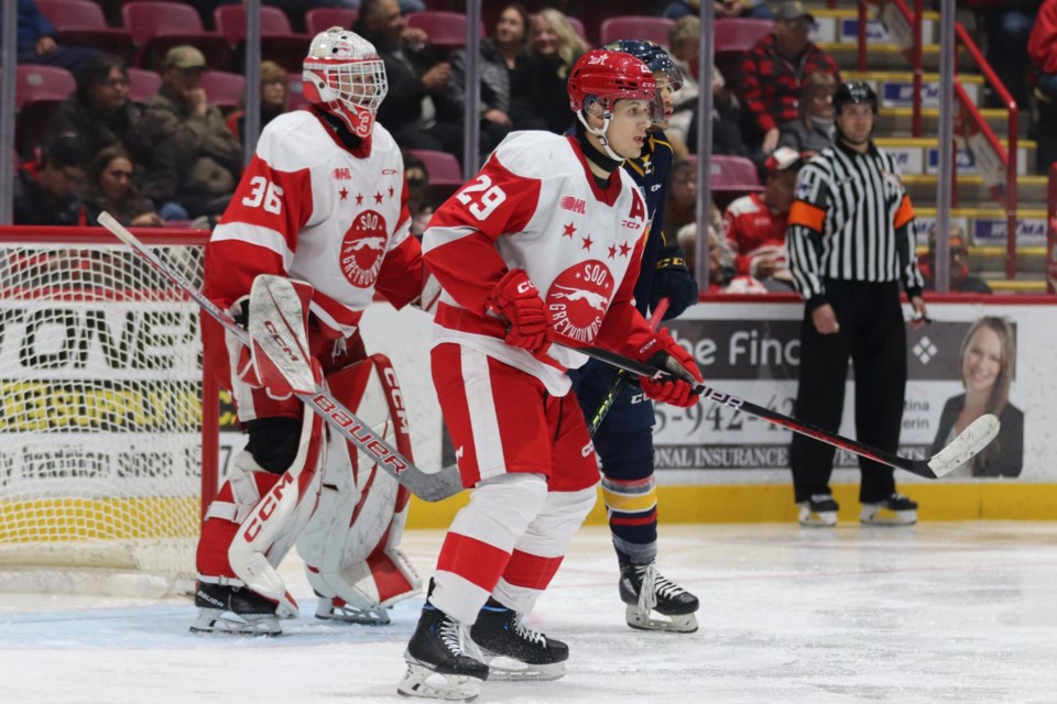 OHL action between the Soo Greyhounds and Barrie Colts at the GFL Memorial Gardens on Dec. 2, 2023.