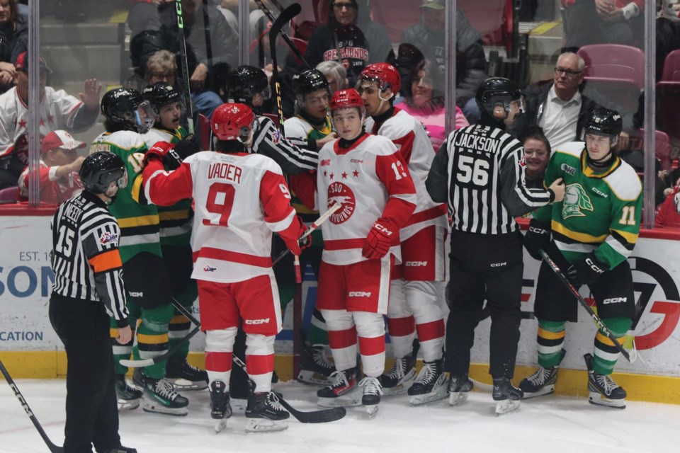 OHL action between the Soo Greyhounds and London Knights at the GFL Memorial Gardens on Dec. 10, 2023.