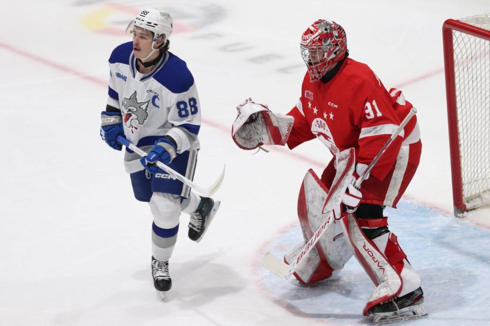 OHL action between the Soo Greyhounds and Sudbury Wolves at the GFL Memorial Gardens on Feb. 14, 2024.