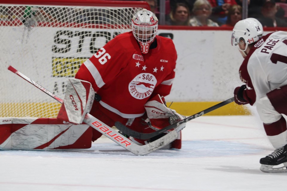 Soo Greyhounds goaltender Landon Miller in action against the Peterborough Petes at the GFL Memorial Gardens on Feb. 24, 2024.