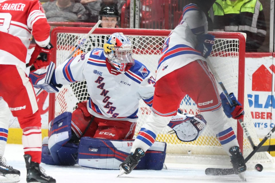 OHL action between the Soo Greyhounds and Kitchener Rangers at the GFL Memorial Gardens on Feb. 25, 2024.