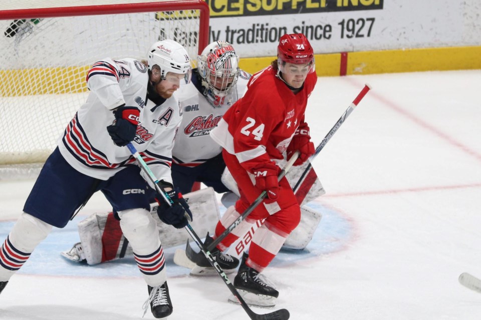 OHL action between the Soo Greyhounds and Oshawa Generals at the GFL Memorial Gardens on March 1, 2024.